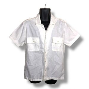 Large Mutual Weave White Linen Cotton Blend Short Sleeve Shirt Neutral Outdoor